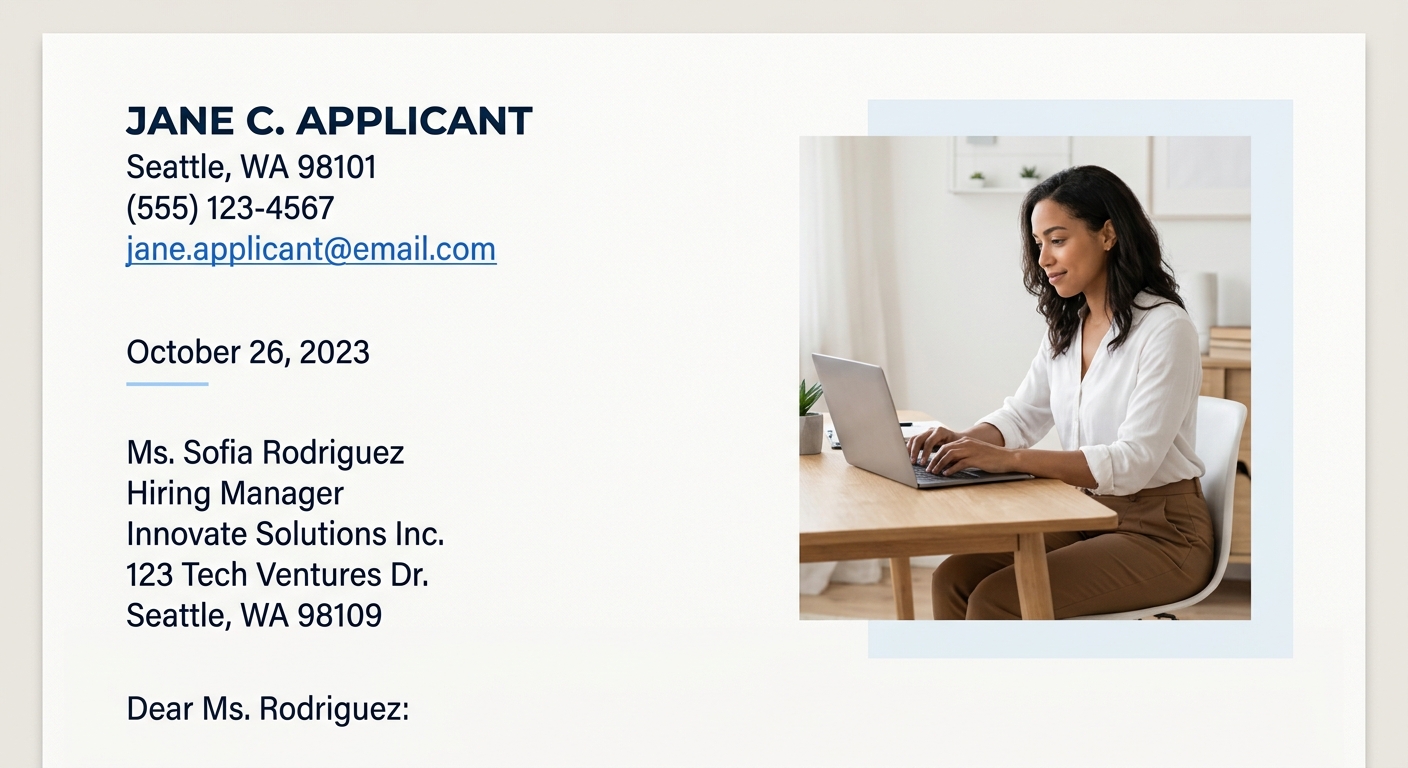 A sample cover letter header and salutation section showing a properly formatted name, city, phone, email, date, employer address block, and "Dear Ms. Rodriguez:" salutation, all left-aligned with cle