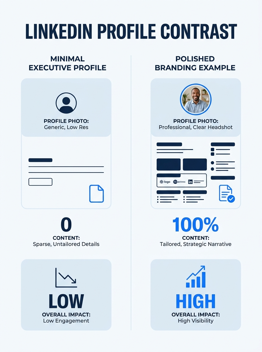 Split-screen comparison showing a minimal LinkedIn profile on the left versus a polished executive profile on the right, illustrating the contrast between John Ternus' sparse page and conventional per