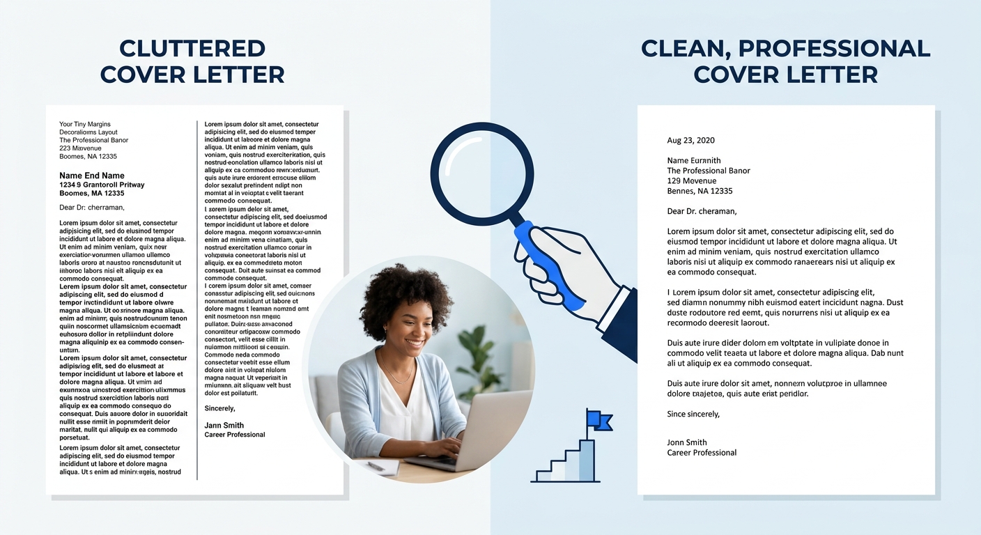 A side-by-side comparison of two cover letters, the left one cluttered with tiny margins, a decorative two-column layout, and inconsistent fonts; the right one clean with 1-inch margins, single-column