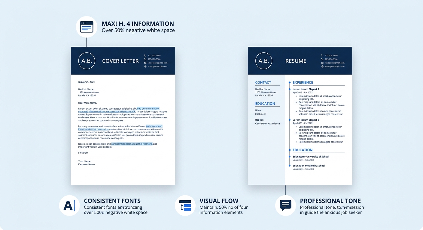 Side-by-side comparison of a cover letter and resume showing matching fonts, header styles, and consistent visual formatting between the two documents