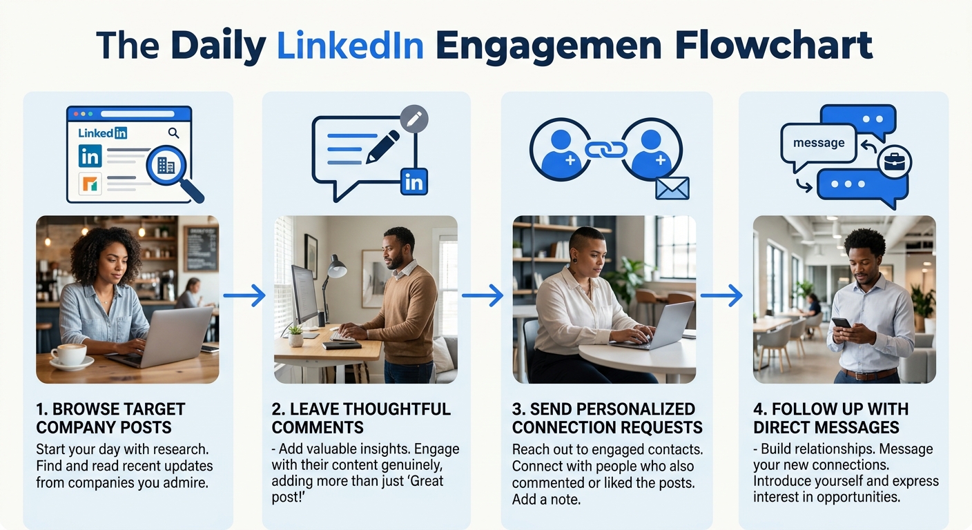 A flowchart diagram showing the daily LinkedIn engagement cycle: browse target company posts, leave thoughtful comments, send personalized connection requests to engaged contacts, follow up with direc