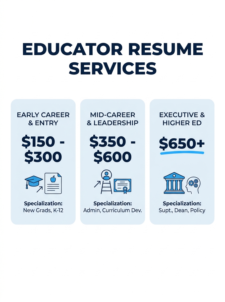 Side-by-side comparison chart showing 11 educator resume services with pricing tiers and specializations