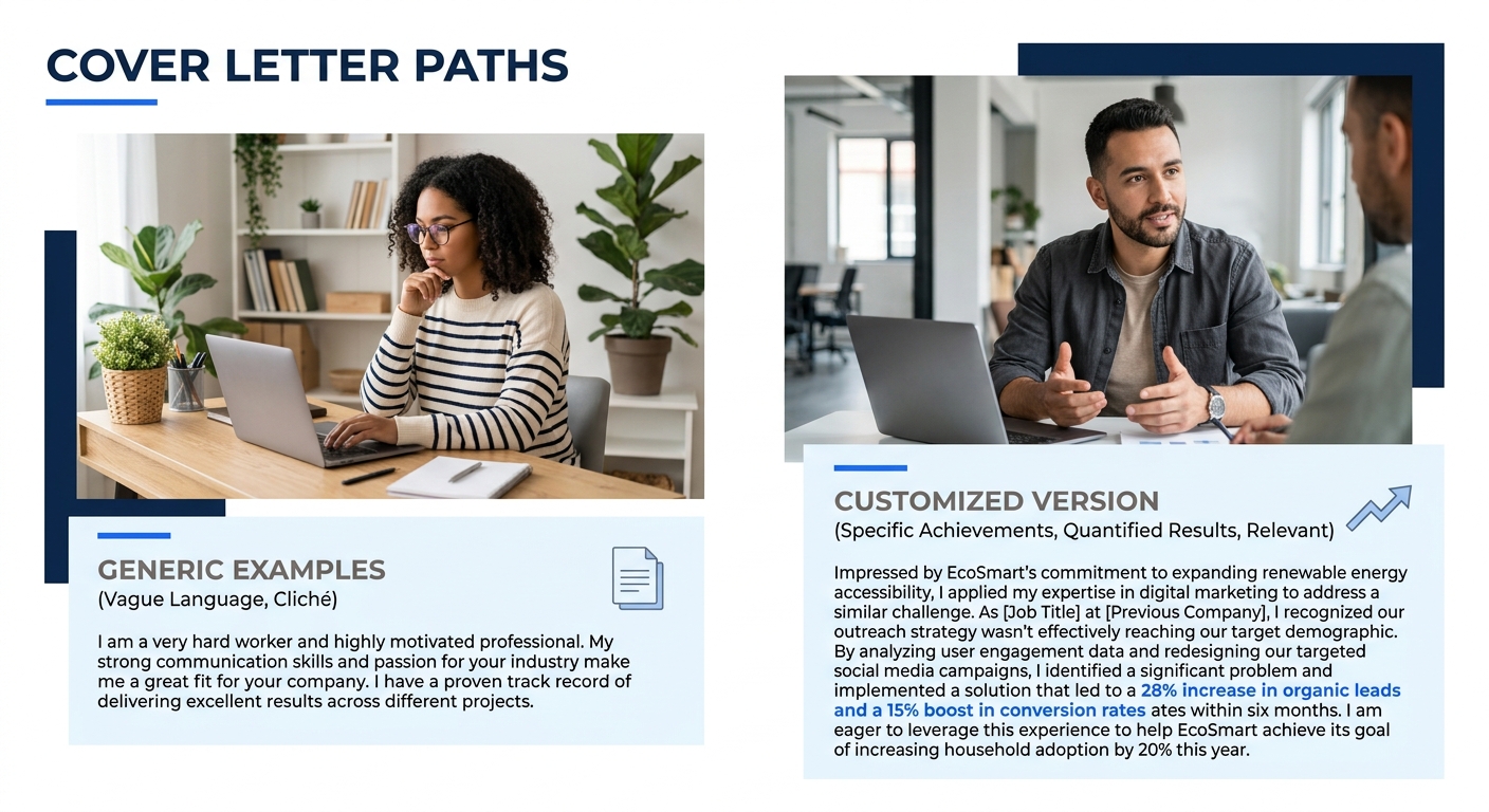 Side-by-side comparison of a generic cover letter body paragraph with vague language like I am a hard worker versus a customized version with specific achievements, company-relevant problem-solution f