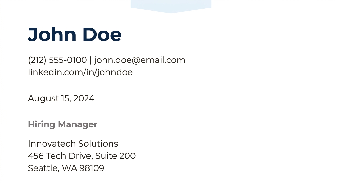 Example cover letter header showing three stacked blocks of text - sender contact info at top, the date in the middle, and recipient info below, with visible blank lines clearly separating each sectio