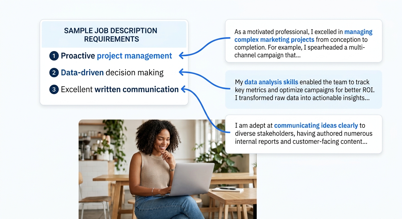 Annotated cover letter body section showing three short paragraphs with highlighted keywords matching a sample job description, arrows connecting each paragraph to the specific job requirement it addr