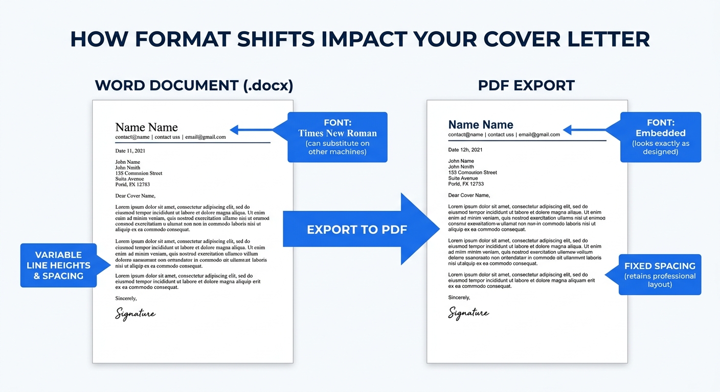 Side-by-side comparison of a cover letter opened as a Word document versus the same letter exported as a PDF, highlighting how font rendering and spacing can shift between formats