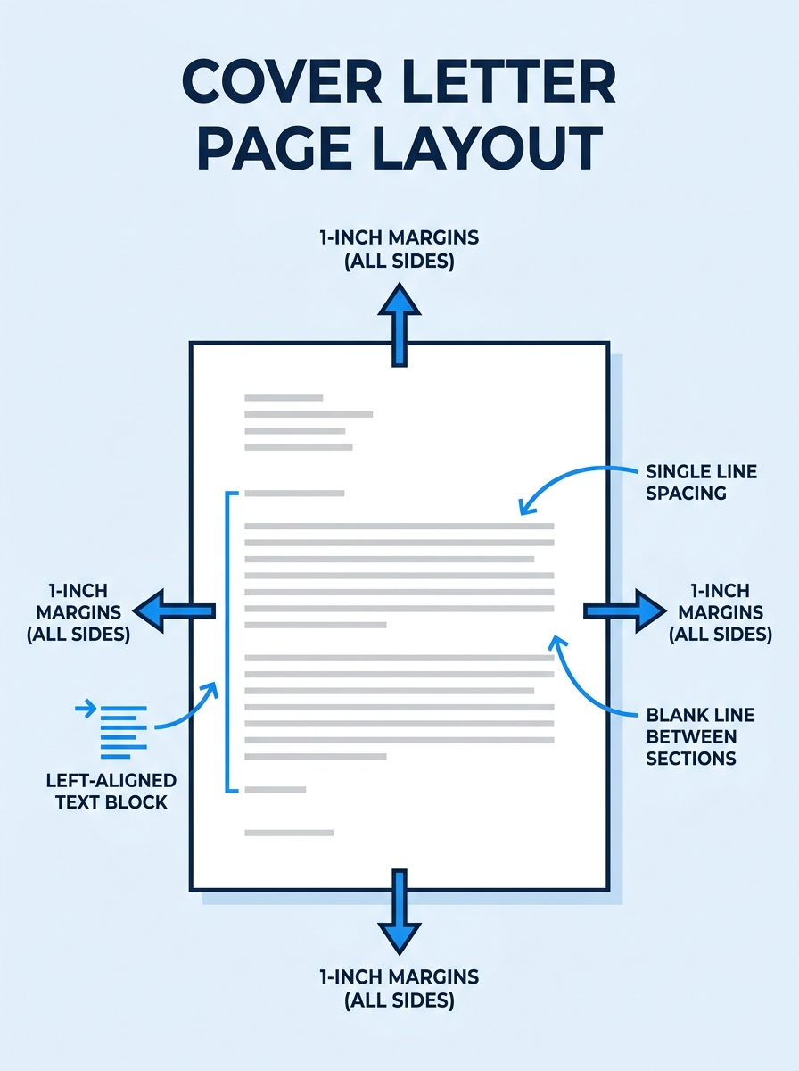 Infographic showing a cover letter page layout with labeled arrows pointing to 1-inch margins on all four sides, single line spacing within paragraphs, a blank line between sections, and a left-aligne