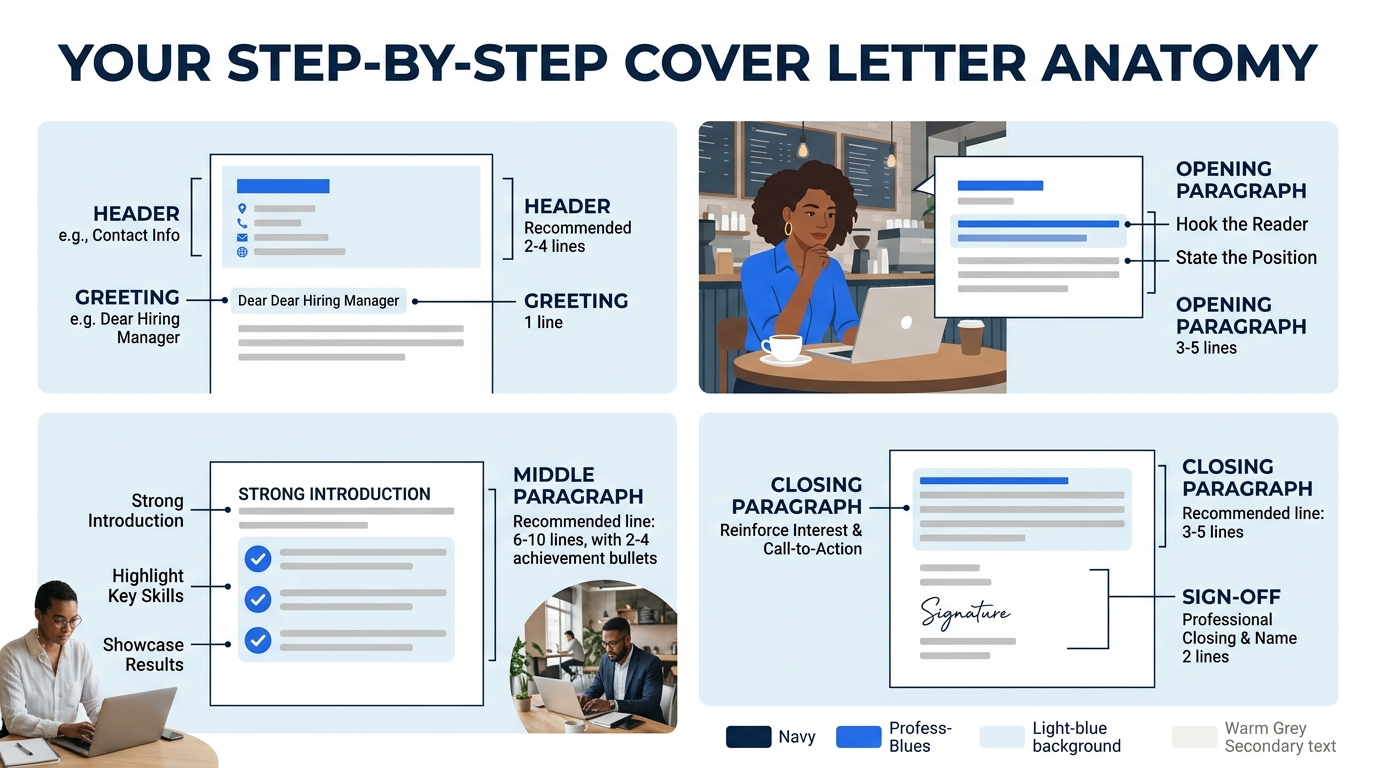 An infographic showing the 6-part anatomy of a cover letter template, header at top, greeting, opening paragraph, middle paragraph with achievement bullets, closing paragraph, and sign-off, with ideal