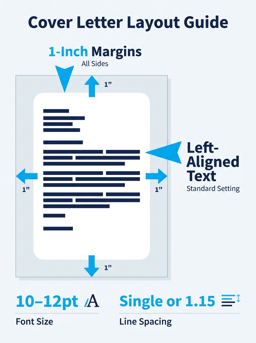 Infographic showing a cover letter page layout with labeled 1-inch margins on all four sides, a left-aligned text block, and annotations pointing to font size (10-12pt), line spacing (single or 1.15),