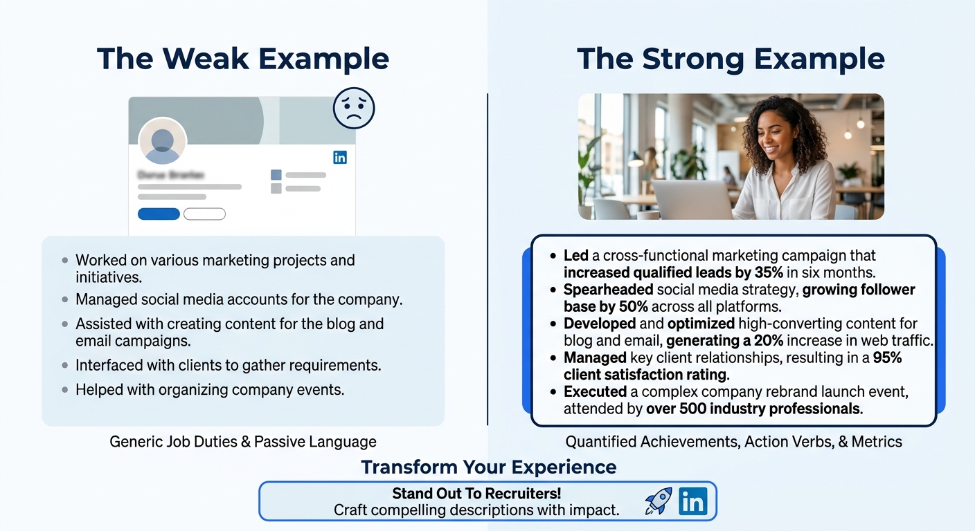 A side-by-side comparison of a weak LinkedIn experience entry showing generic job duties versus a strong entry with quantified achievements, metrics, and action verbs