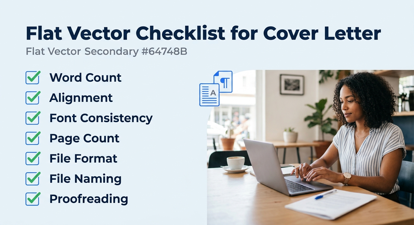 A checklist graphic showing seven format verification items for a cover letter, word count, alignment, font consistency, page count, file format, file naming, and proofreading, with green checkmarks n
