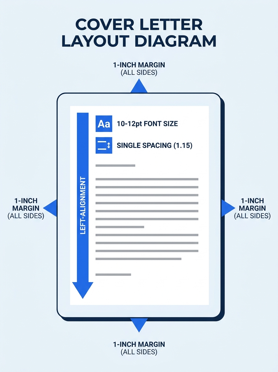 Infographic showing a cover letter page layout diagram with labeled 1-inch margins on all four sides, font size indicator showing 10-12pt, single spacing notation between lines, and left-alignment arr