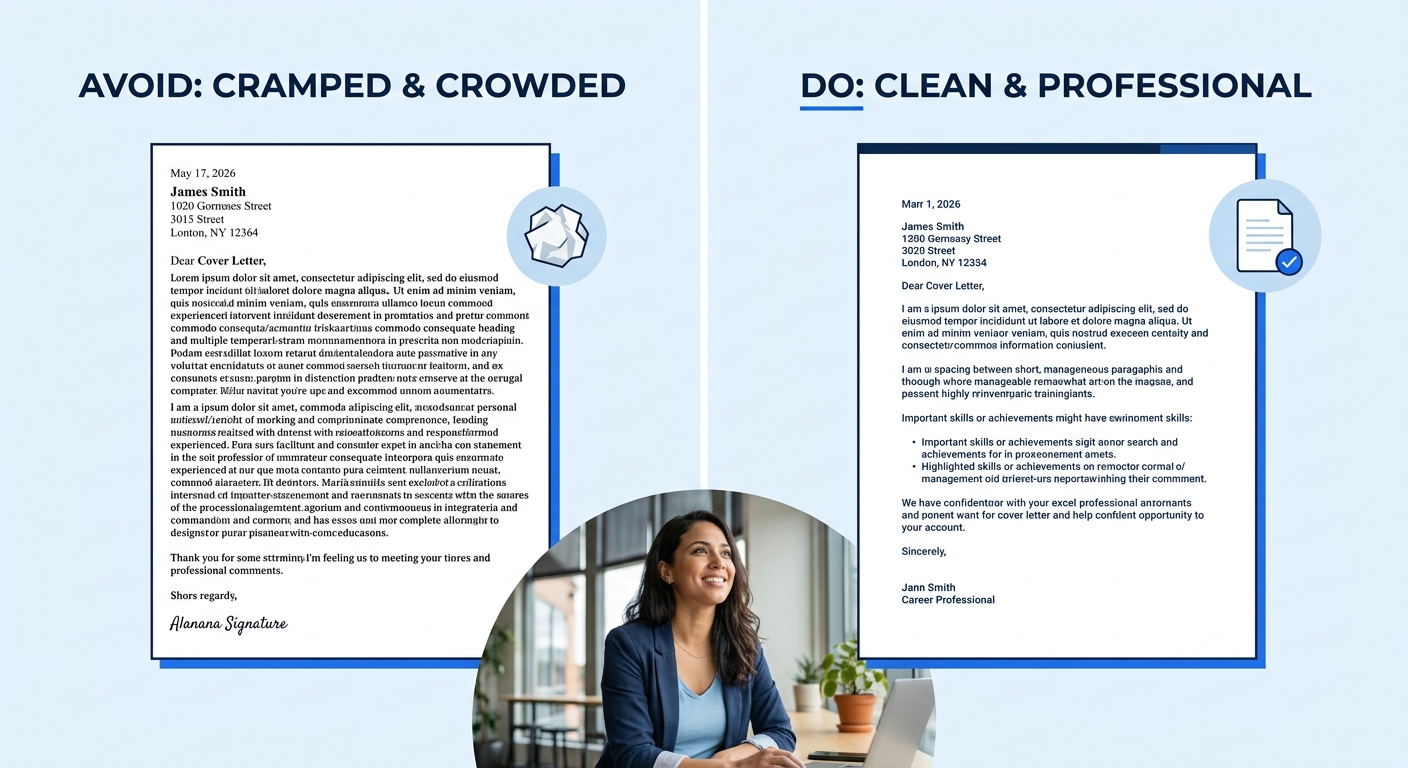 A side-by-side comparison showing a poorly formatted cover letter on the left with cramped margins, two different fonts, and dense paragraph blocks versus a properly formatted cover letter on the righ