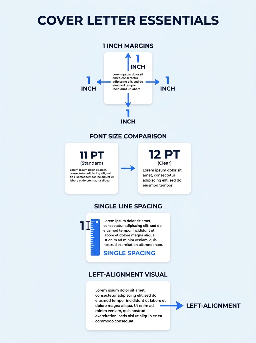 Infographic showing cover letter document specifications with labeled 1-inch margins on all sides, font size comparison between 11pt and 12pt, single line spacing indicator, and left-alignment visual