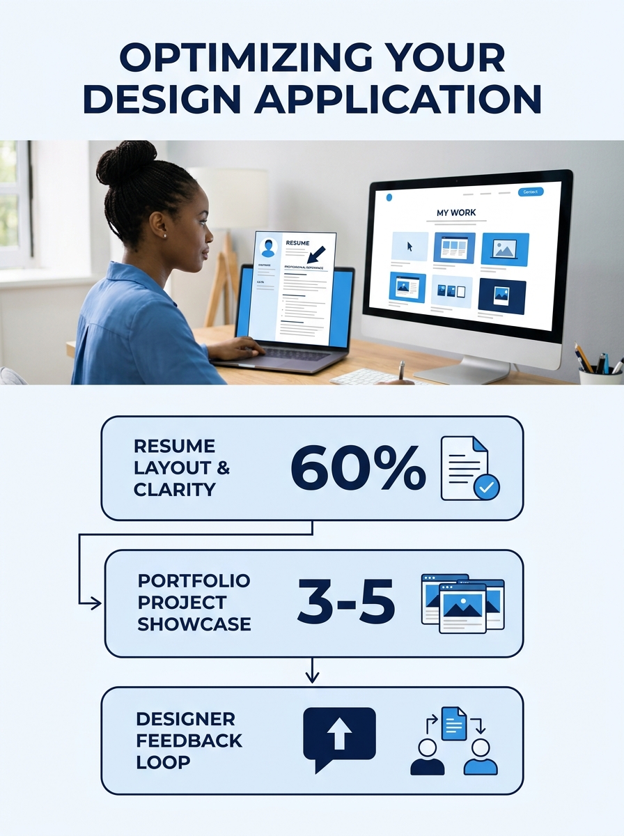 Graphic designer reviewing resume layout on laptop screen with portfolio website visible on second monitor
