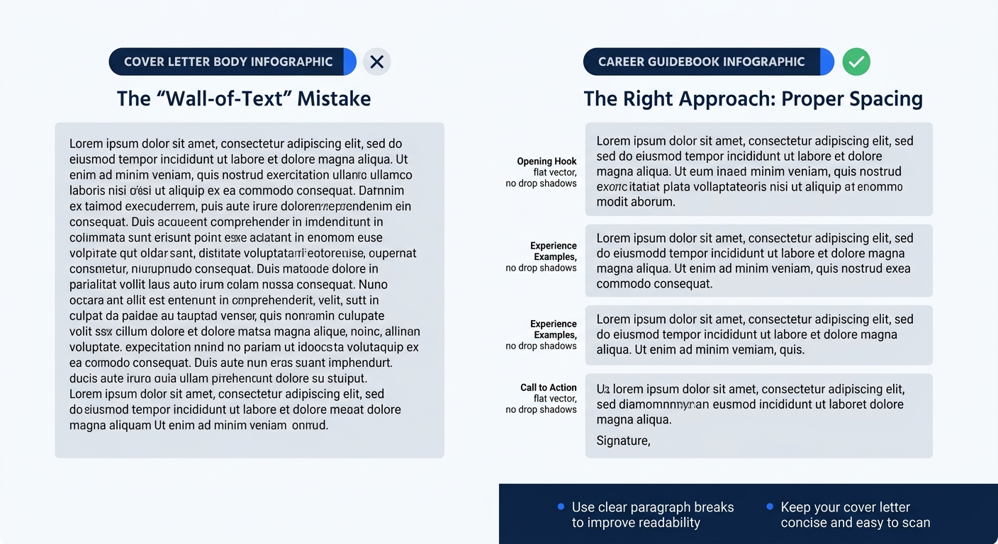 A side-by-side comparison showing a wall-of-text cover letter body on the left versus a properly spaced block-format cover letter body with clear paragraph breaks on the right, with the right version