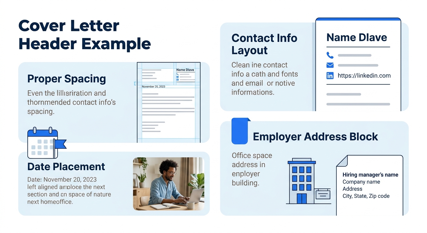 Clean cover letter header example showing proper spacing, font size, contact information layout, date placement, and employer address block on a white document