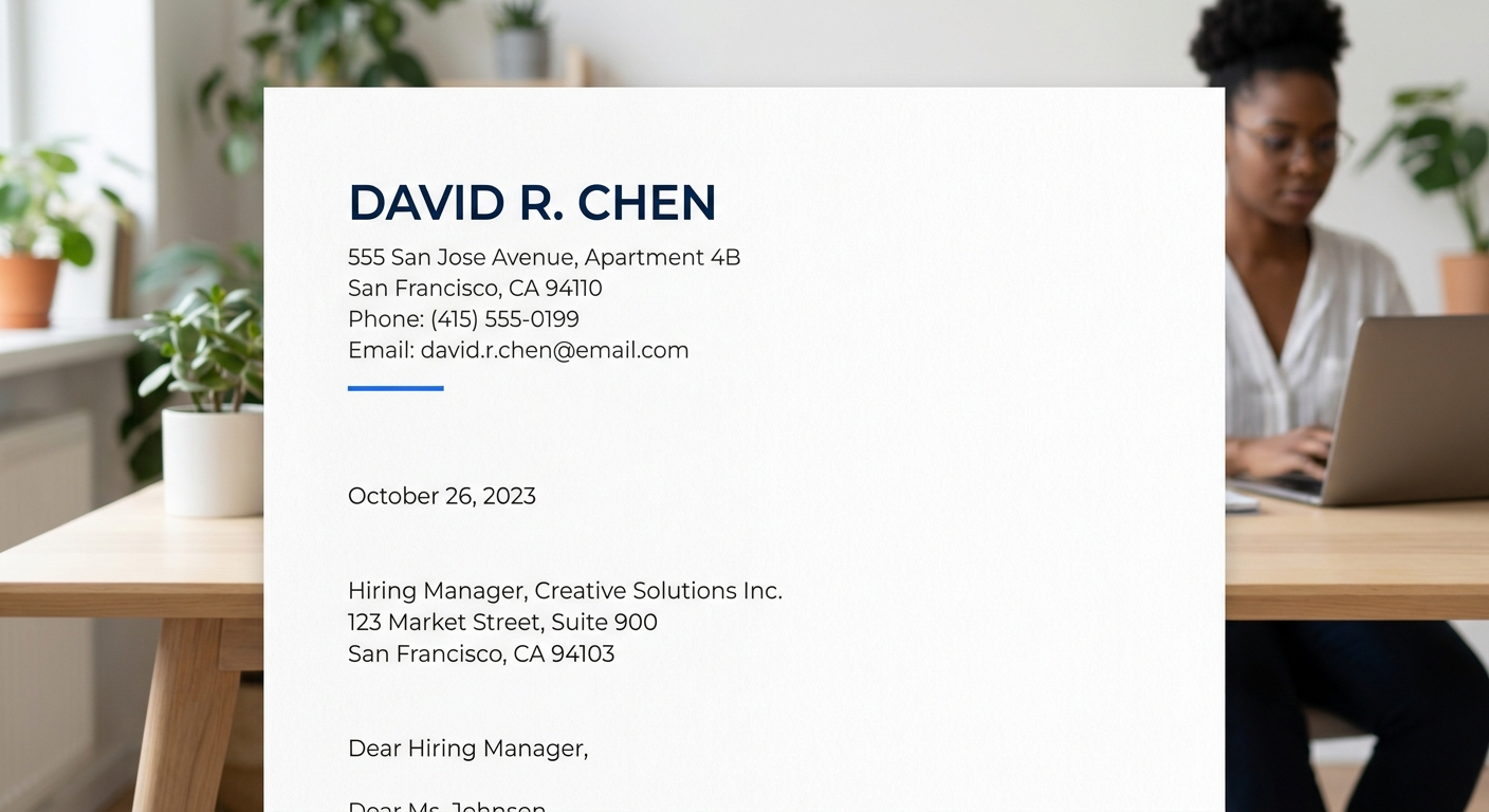 Example of the top half of a formatted cover letter showing the contact header, date line, employer address block, and salutation, all left-aligned with proper spacing between each section