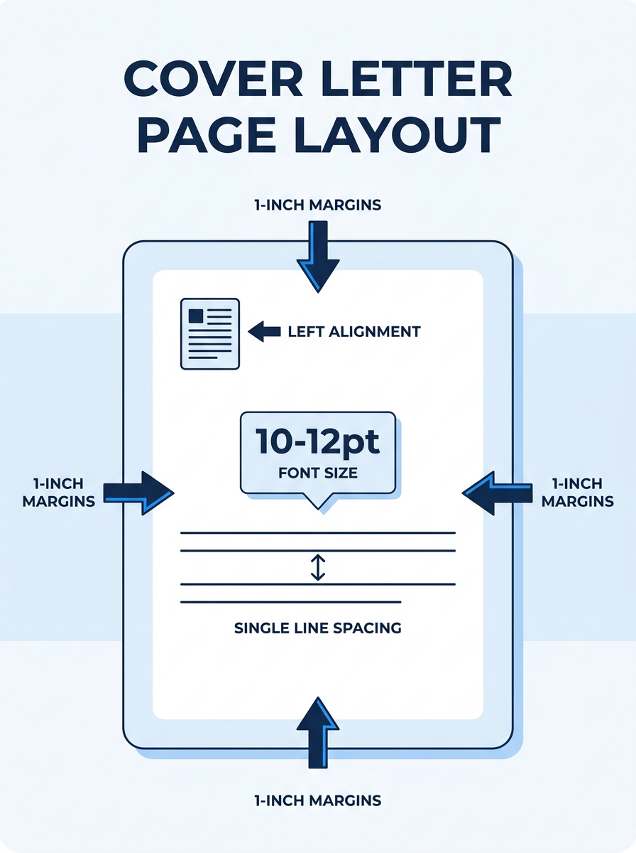 Infographic showing a cover letter page layout with labeled measurements: 1-inch margins on all four sides, single line spacing indicator, font size callout showing 10-12pt range, and a left-alignment