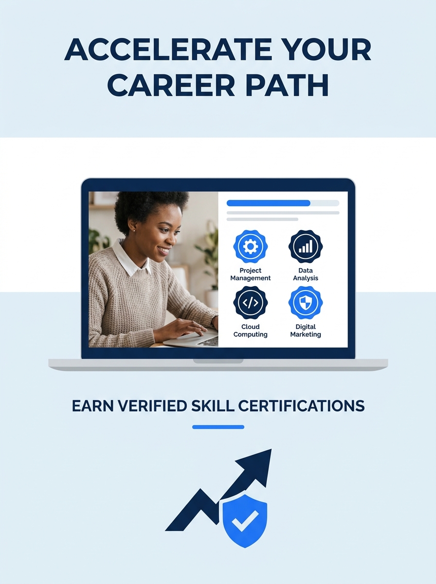 Professional reviewing digital learning platform on laptop with skill certification badges displayed on screen