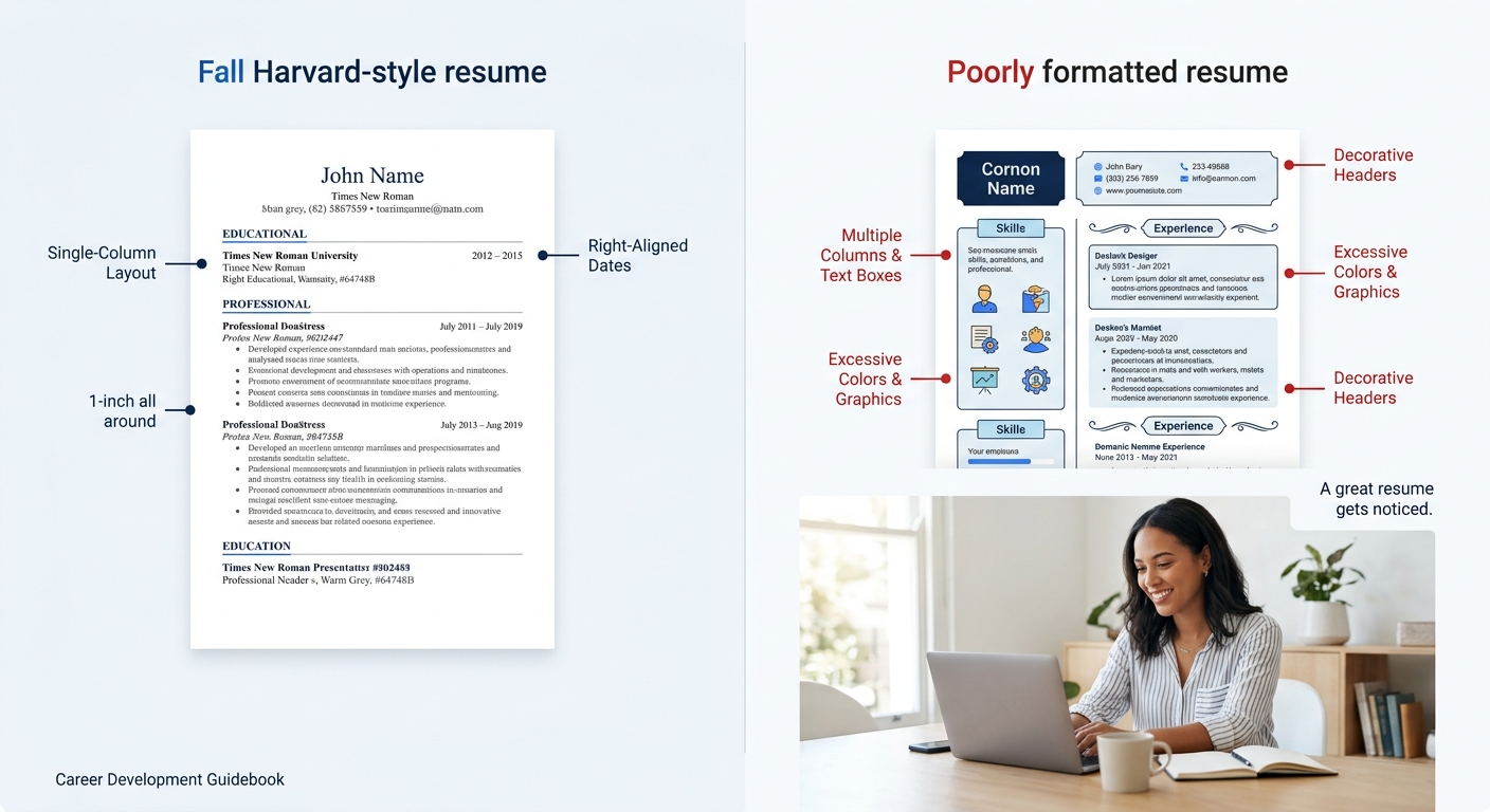 A side-by-side comparison showing a correctly formatted Harvard-style resume on the left with single column, Times New Roman font, right-aligned dates, and 1-inch margins versus a poorly formatted res