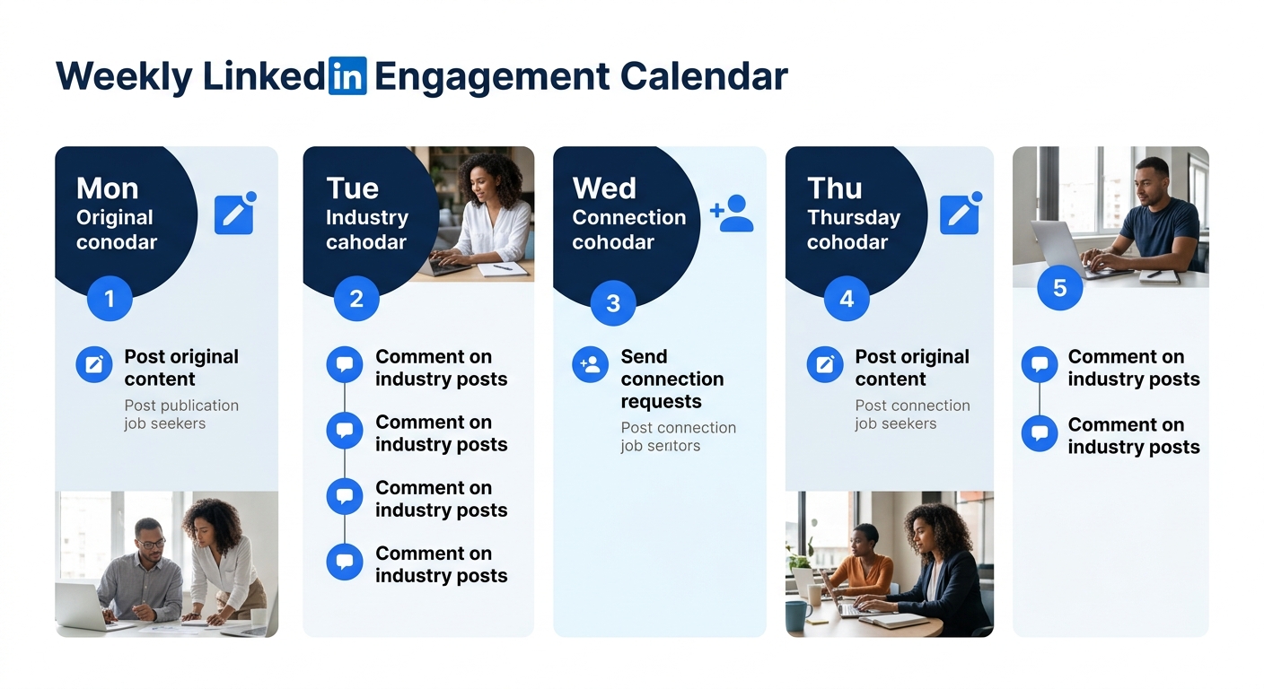 A weekly LinkedIn engagement calendar showing specific daily tasks like posting original content on Monday and Thursday, commenting on industry posts Tuesday through Friday, and sending connection req