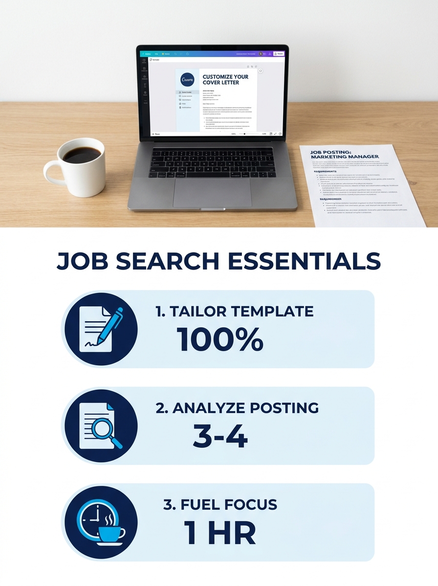 A clean desktop workspace showing a laptop screen with a cover letter template open in Canva, a printed job posting beside it, and a cup of coffee, realistic, overhead angle