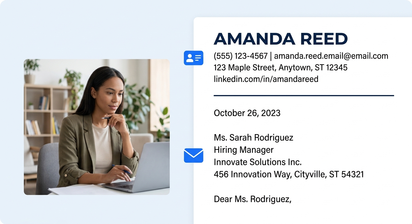 Example cover letter header and salutation section showing proper formatting with applicant name in bold at top, contact details stacked below, date, recipient information block, and "Dear Ms. Rodrigu