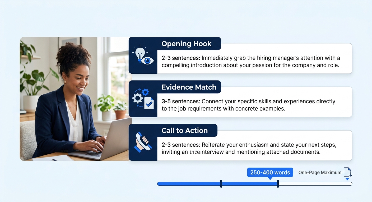 Infographic showing a cover letter body layout with three labeled paragraph blocks stacked vertically - Opening Hook with 2-3 sentences, Evidence Match with 3-5 sentences, and Call to Action with 2-3