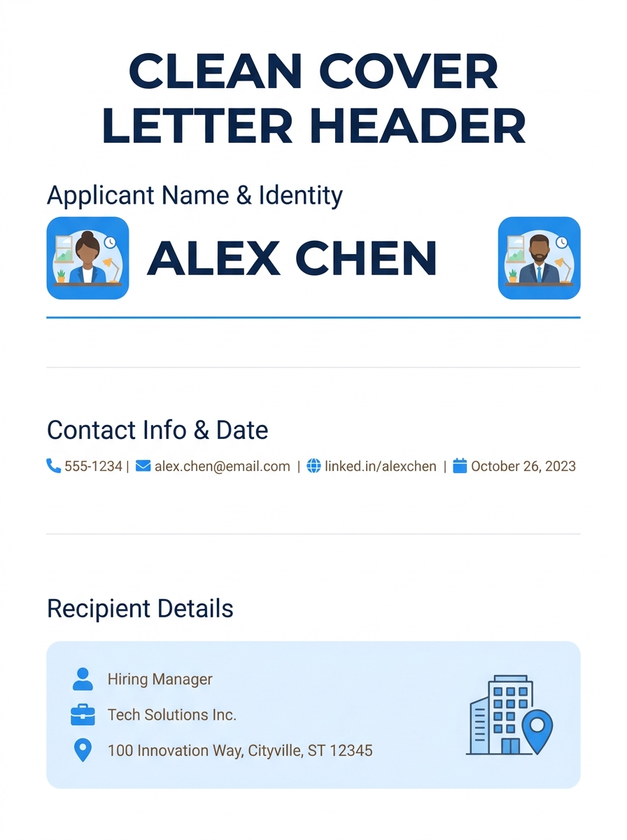 A clean, left-justified cover letter header showing a name in 14-point bold, contact details on one line, date, and recipient information stacked neatly with consistent spacing on a white page