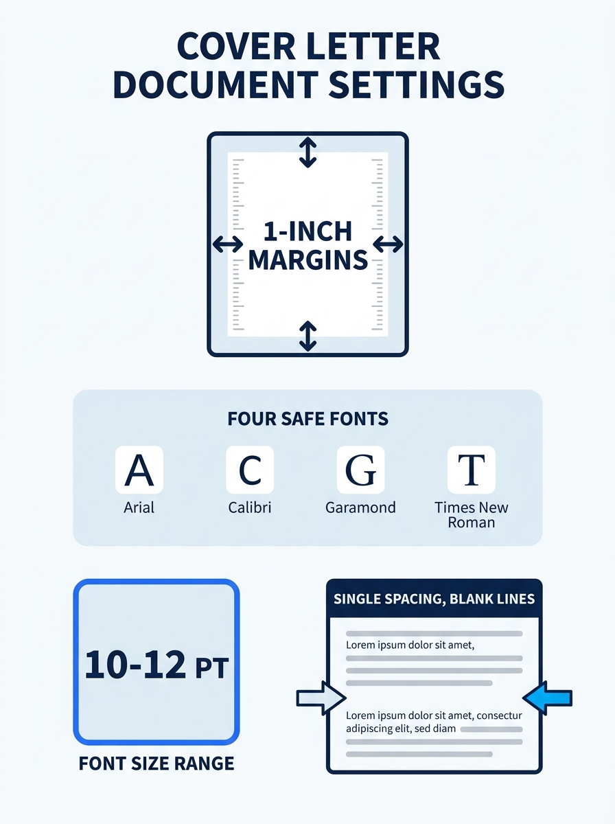 Infographic showing the four document settings for a cover letter, 1-inch margins visualized on a page outline, a list of four safe fonts (Arial, Calibri, Garamond, Times New Roman), a font size range