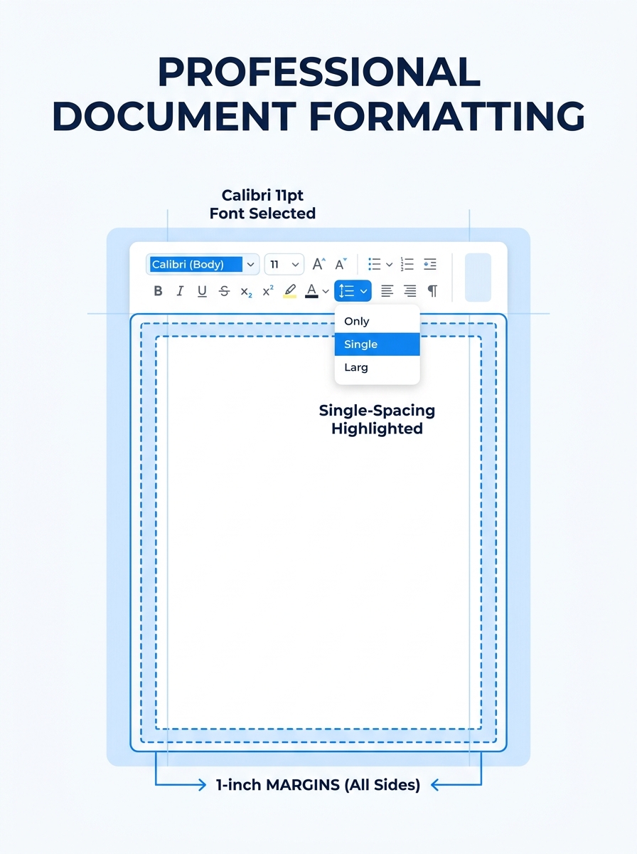 A clean word processor document showing 1-inch margin guides on all four sides, with Calibri 11pt font selected in the toolbar and single-spacing highlighted in the line spacing dropdown