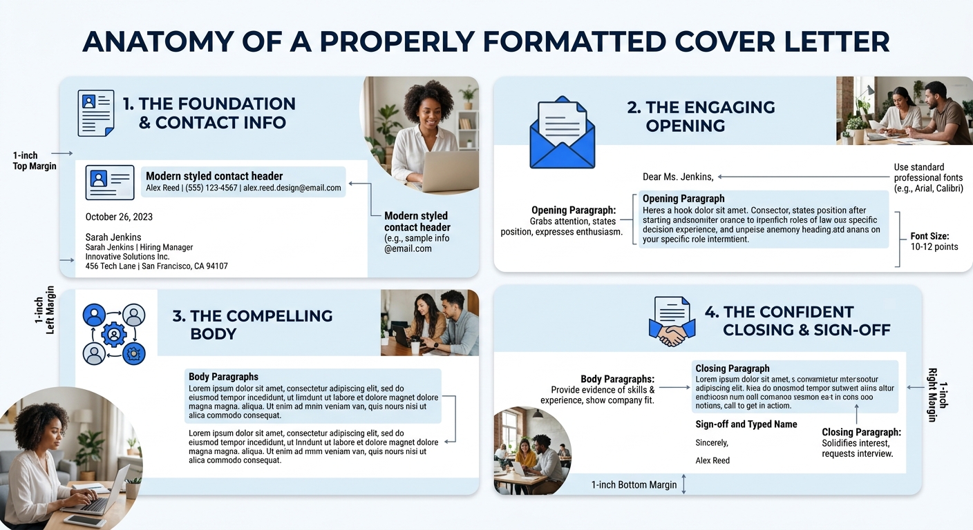 Infographic showing the complete anatomy of a properly formatted cover letter from top to bottom, with labeled sections including header with contact info, date, employer address, salutation, opening