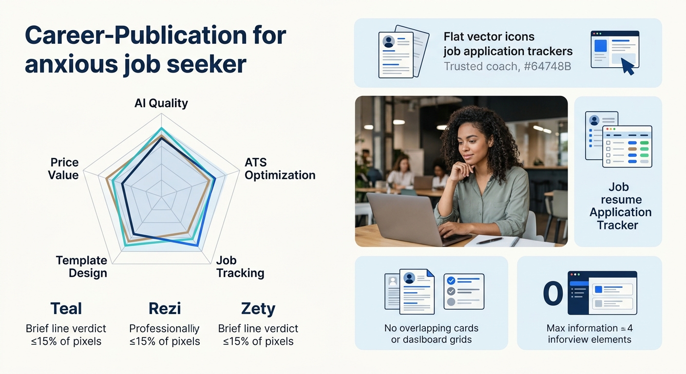 Infographic with a radar chart comparing Teal, Rezi, and Zety across five dimensions, AI Quality, ATS Optimization, Job Tracking, Template Design, and Price Value, with each builder represented in a d