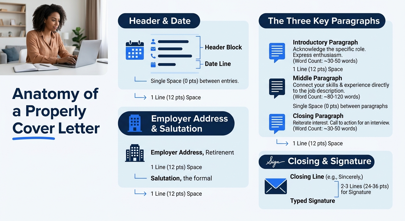 Infographic showing the anatomy of a properly formatted cover letter with labeled sections including header block, date line, employer address, salutation, three body paragraphs with recommended word