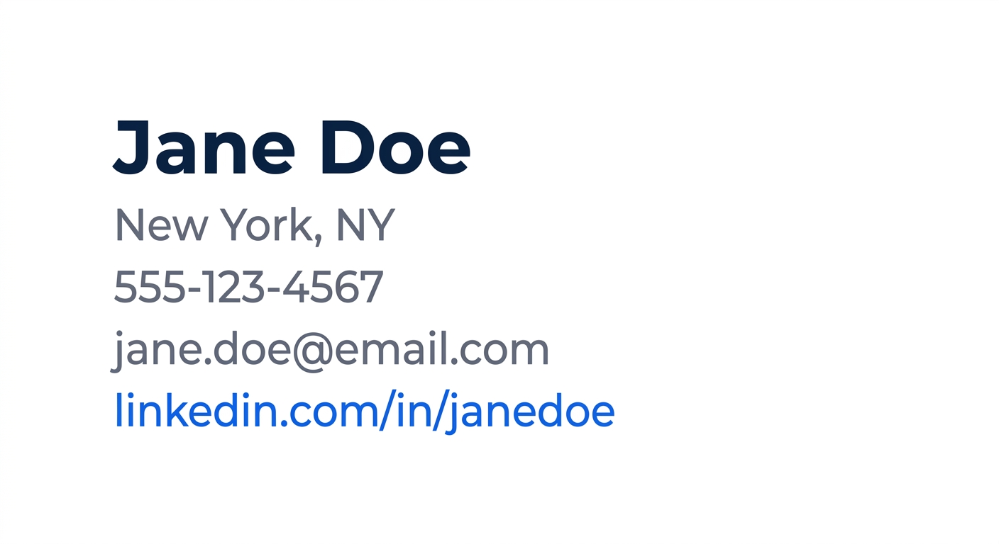 A clean cover letter header block on a white page showing a name in 14pt bold font, followed by city and state, phone number, email, and LinkedIn URL in 11pt regular text, all left-aligned with single