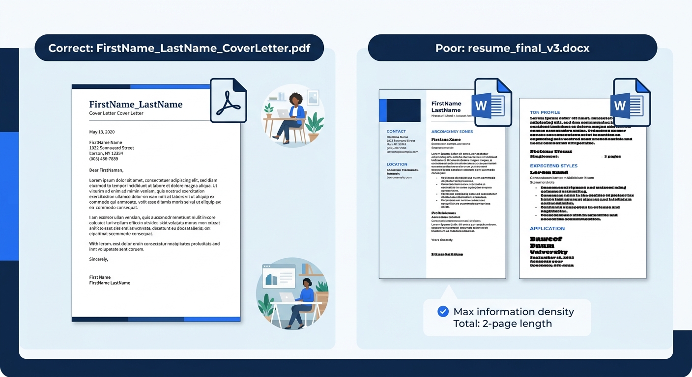 Side-by-side comparison of a correctly saved cover letter file (named FirstName_LastName_CoverLetter.pdf, one page, clean formatting) versus a poorly saved one (named resume_final_v3.docx, two pages,