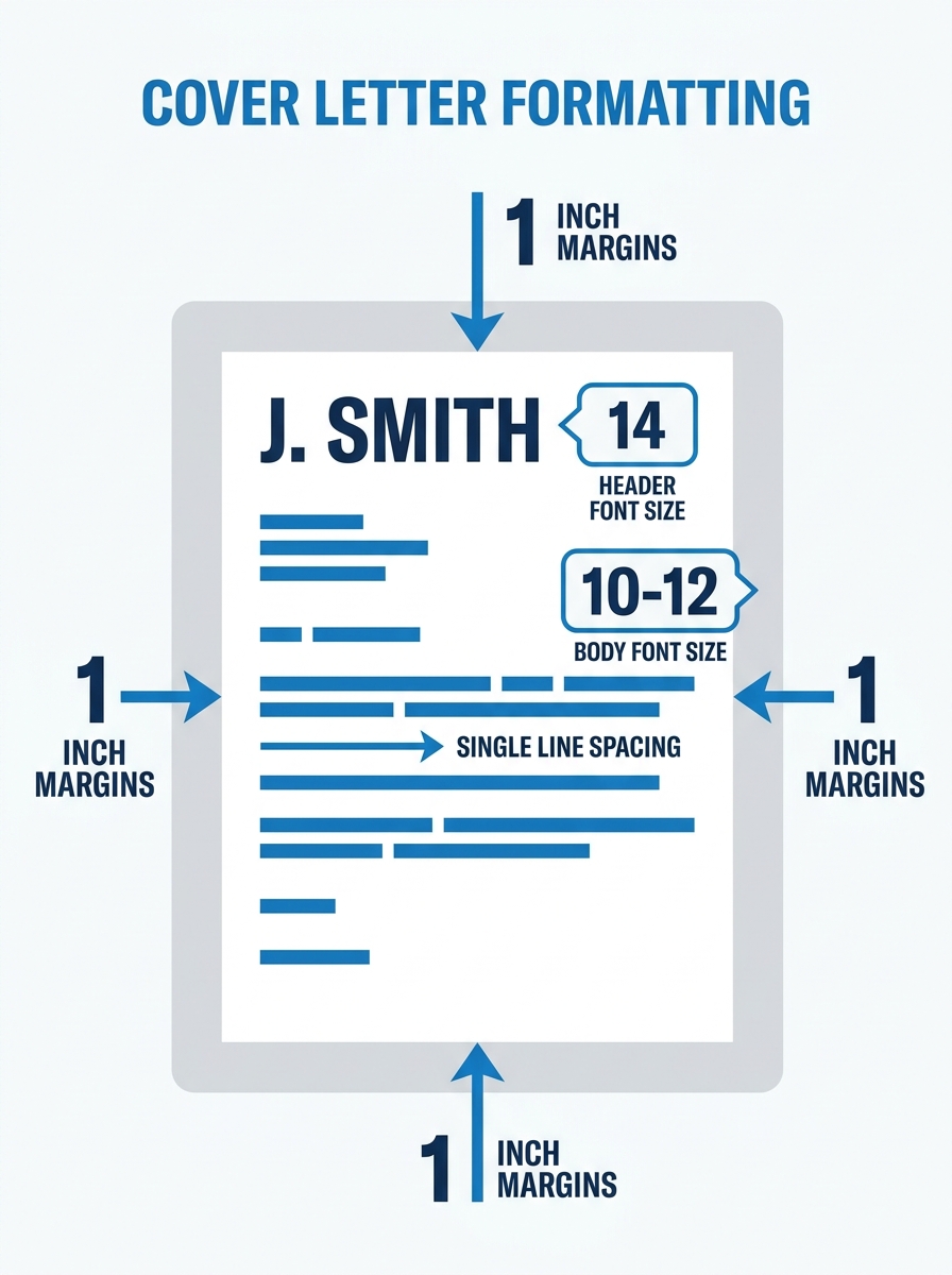 Infographic showing a cover letter page layout with labeled 1-inch margins on all four sides, single line spacing annotation, and font size callouts for 10-12 point body text and 14 point header name