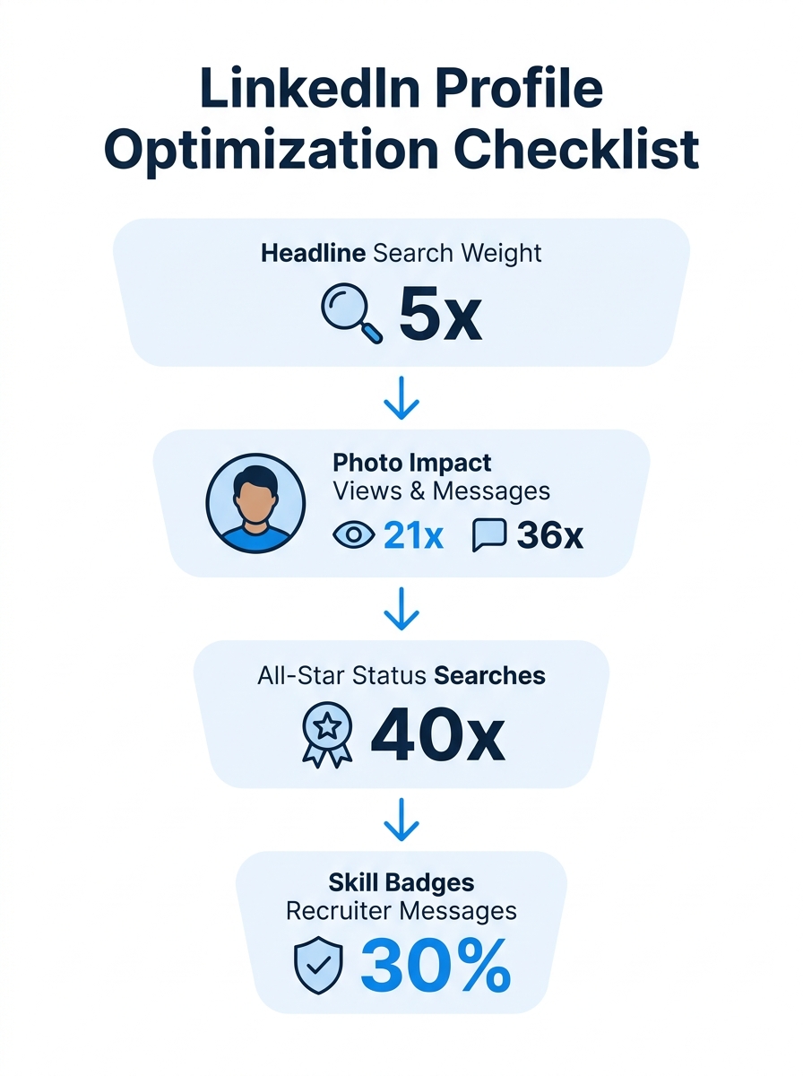 infographic showing LinkedIn profile optimization checklist with four data points, headline search weight (5x), photo impact (21x more views, 36x more messages), All-Star status (40x more searches), a