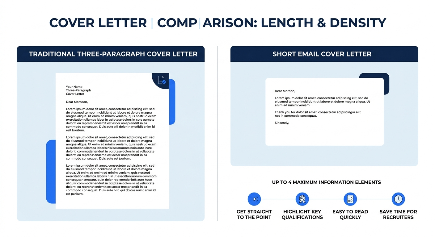 Side-by-side comparison of a traditional three-paragraph cover letter and a short email cover letter, showing the dramatic difference in length and density on a standard page