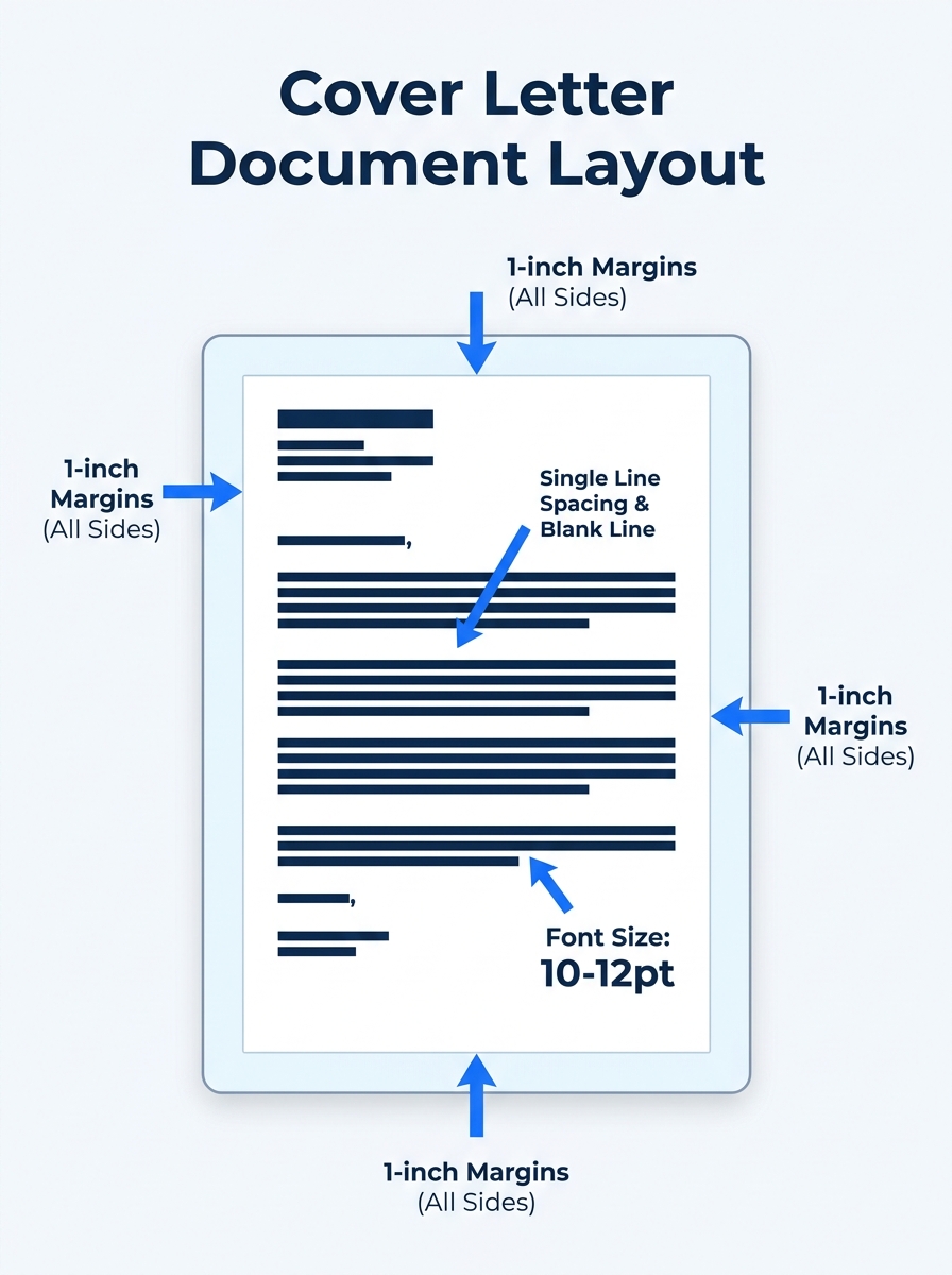 Infographic showing a cover letter document layout with labeled arrows pointing to 1-inch margins on all sides, left-aligned text, single line spacing within paragraphs, a blank line between paragraph