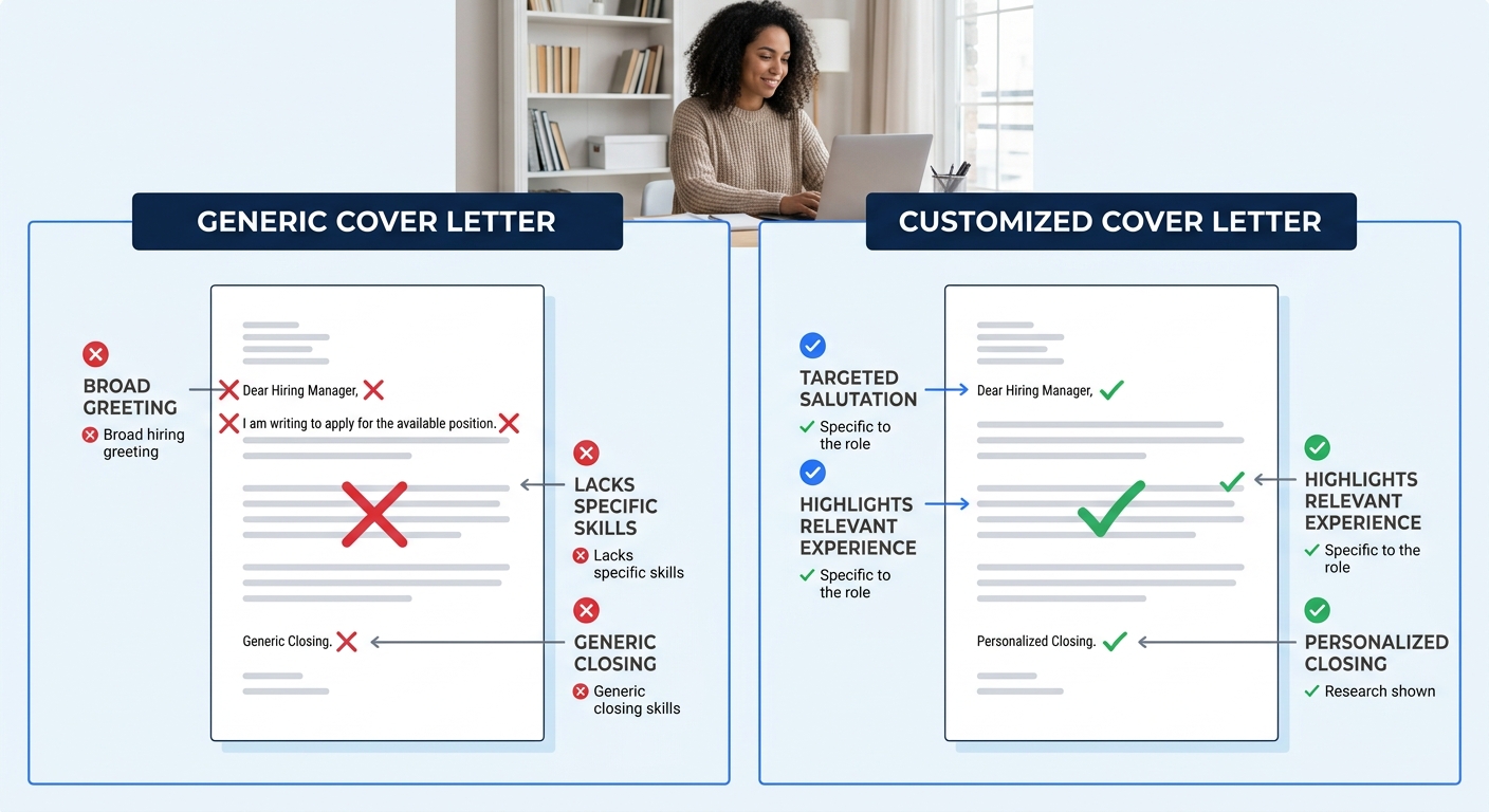 A side-by-side comparison of a generic cover letter on the left marked with red X annotations and a customized cover letter on the right marked with green checkmark annotations, highlighting the diffe