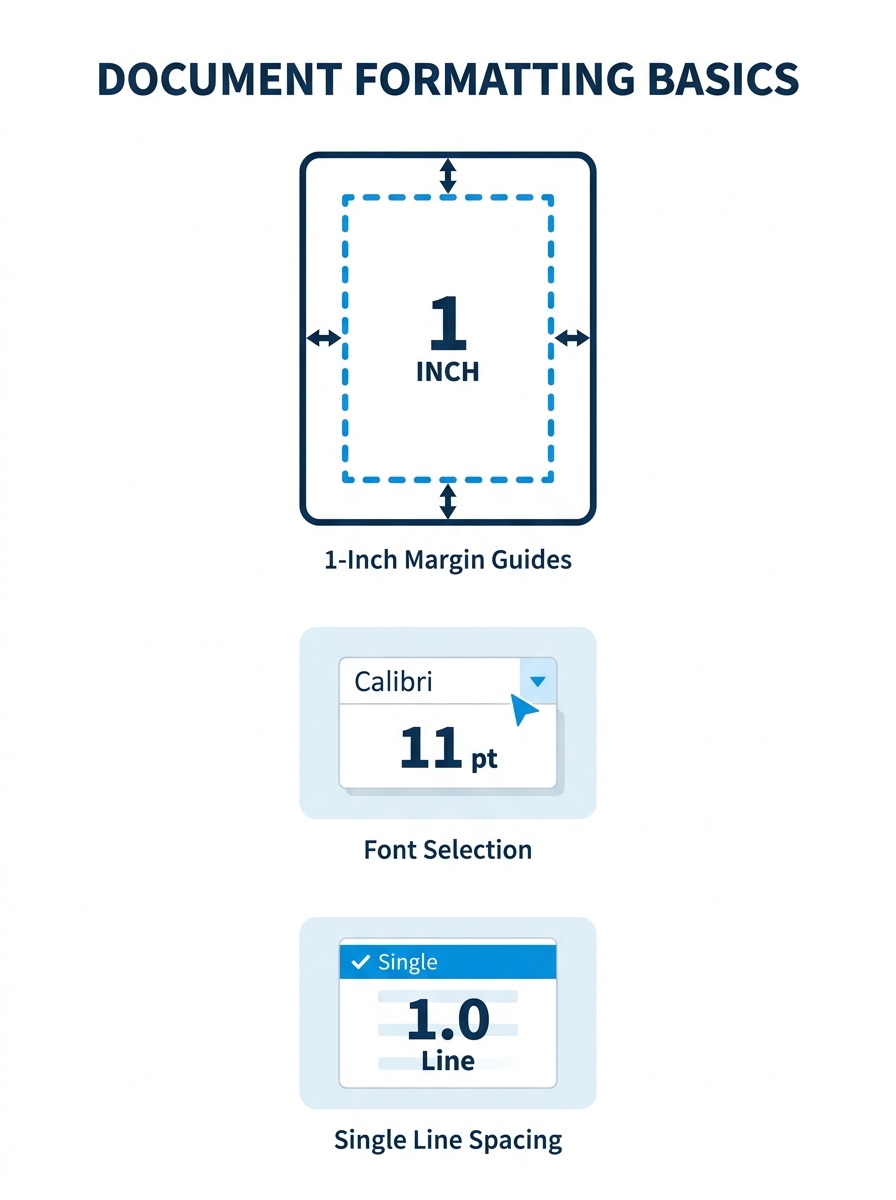 A clean blank document page showing 1-inch margin guides on all four sides, with a font selector showing Calibri at 11pt and single line spacing selected