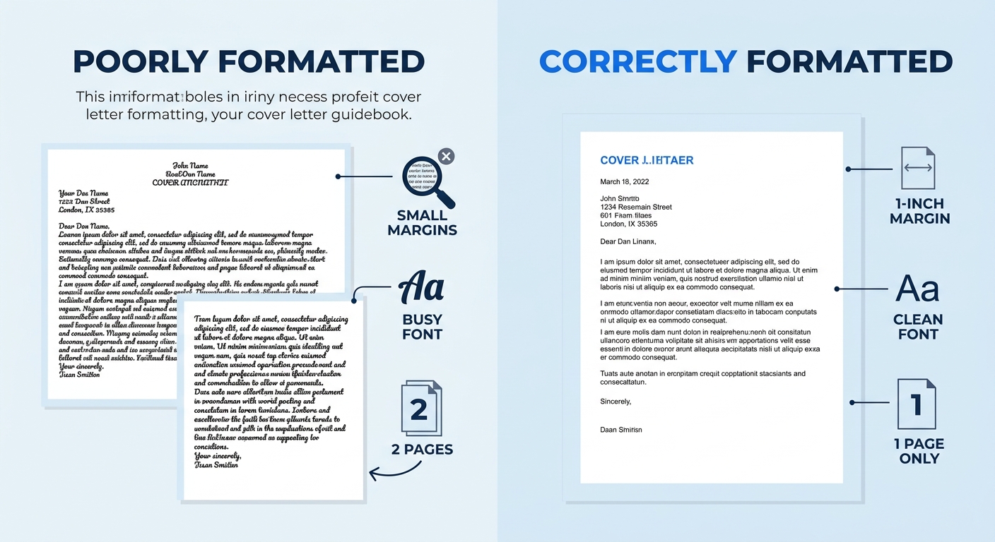A before-and-after comparison showing a poorly formatted cover letter on the left (tiny margins, decorative font, two pages) versus a correctly formatted cover letter on the right (1-inch margins, cle