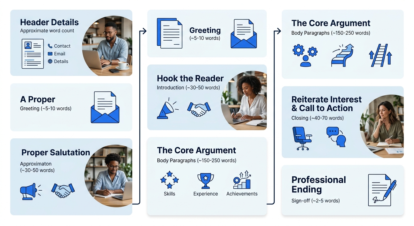 An infographic showing the six sections of a cover letter in vertical order—header, greeting, introduction, body, closing, sign-off—with approximate word counts for each section and arrows showing the