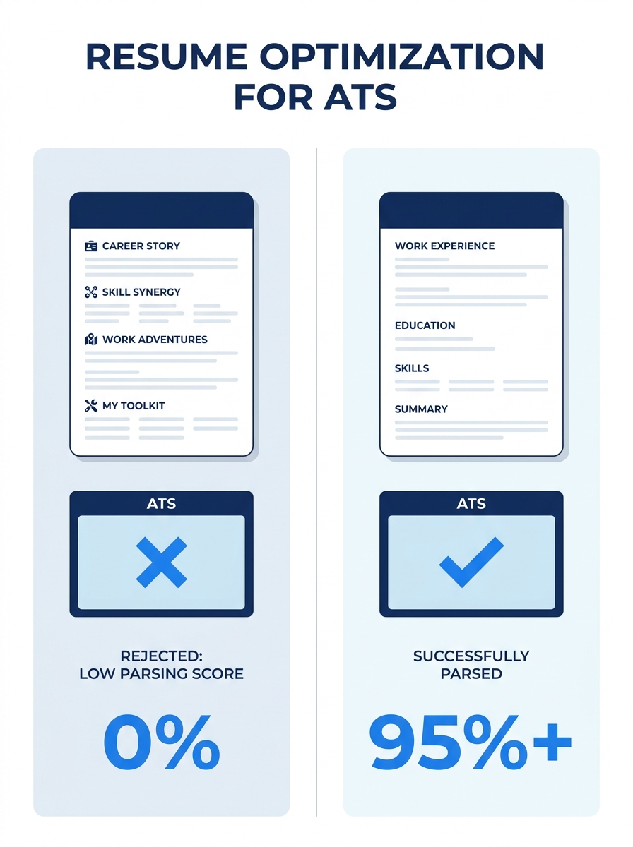 Split-screen comparison showing a resume with creative section headings on left being rejected by an ATS interface, and a resume with standard headings on right being successfully parsed