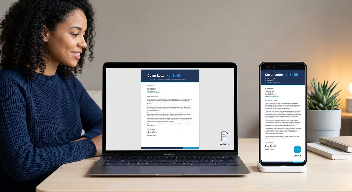 Side-by-side comparison of a PDF cover letter displayed on a laptop screen and on a smartphone screen, showing that formatting remains consistent and text is fully readable on both devices