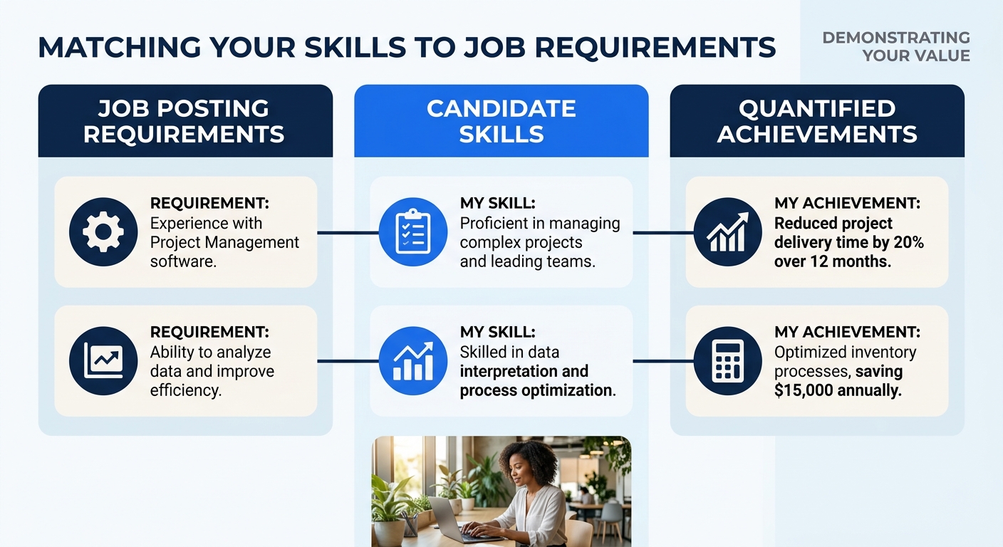 An infographic showing a three-column matching process: Job Posting Requirements on the left, Candidate Skills in the center, and Quantified Achievements on the right, with connecting lines between ma