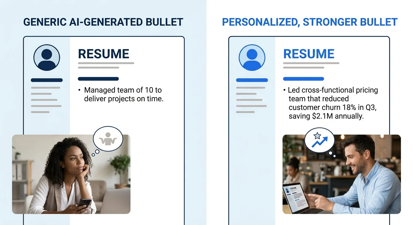 Side-by-side comparison of a generic AI-generated resume bullet point reading "Managed team of 10 to deliver projects on time" versus a personalized version reading "Led cross-functional pricing team