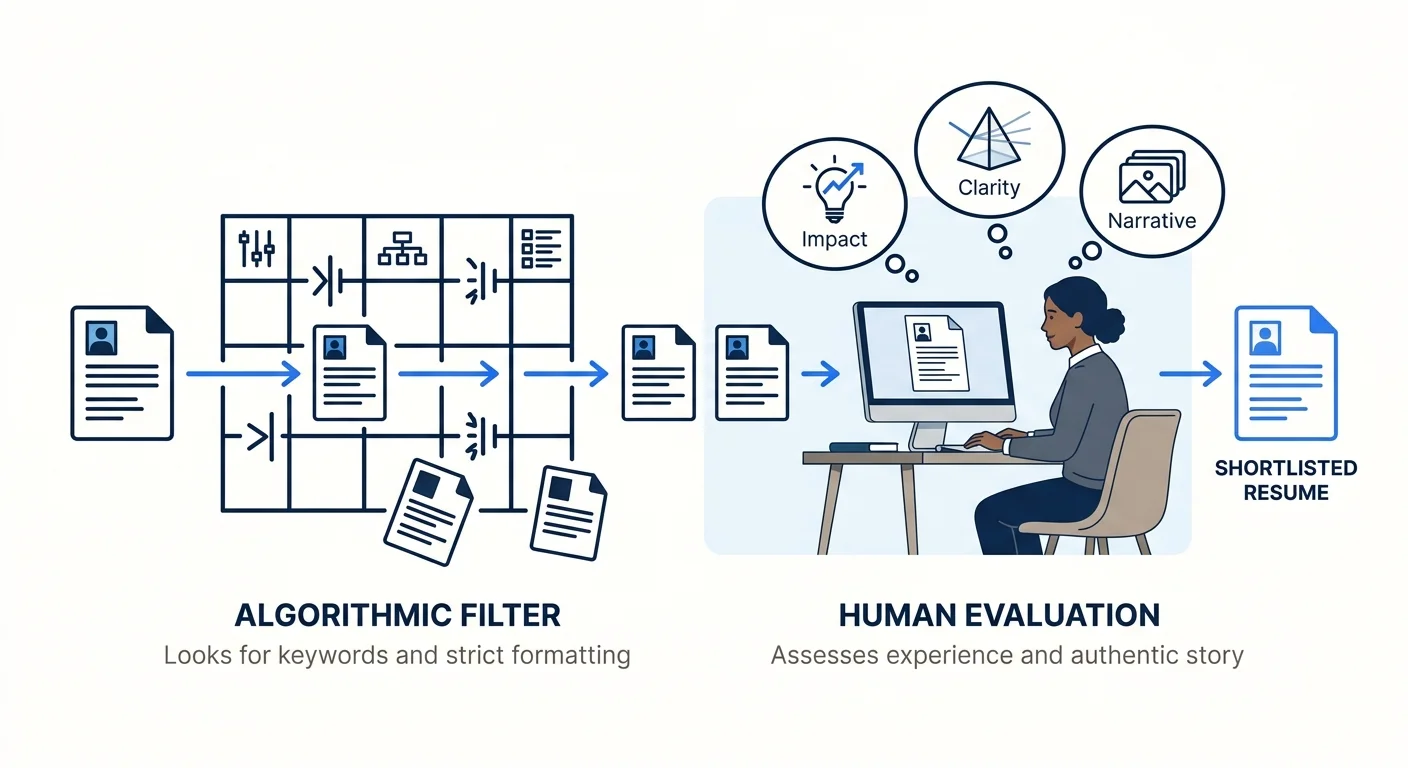 A conceptual illustration showing a resume document passing through two distinct filter layers — a rigid algorithmic filter represented by geometric grid patterns with some resumes being blocked, and